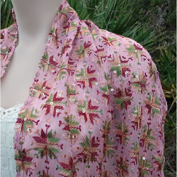 NWOT RAJ Pink & Multicolored Embroidered Stars Sequins Silk India Scarf/Wrap - Picture 7 of 11